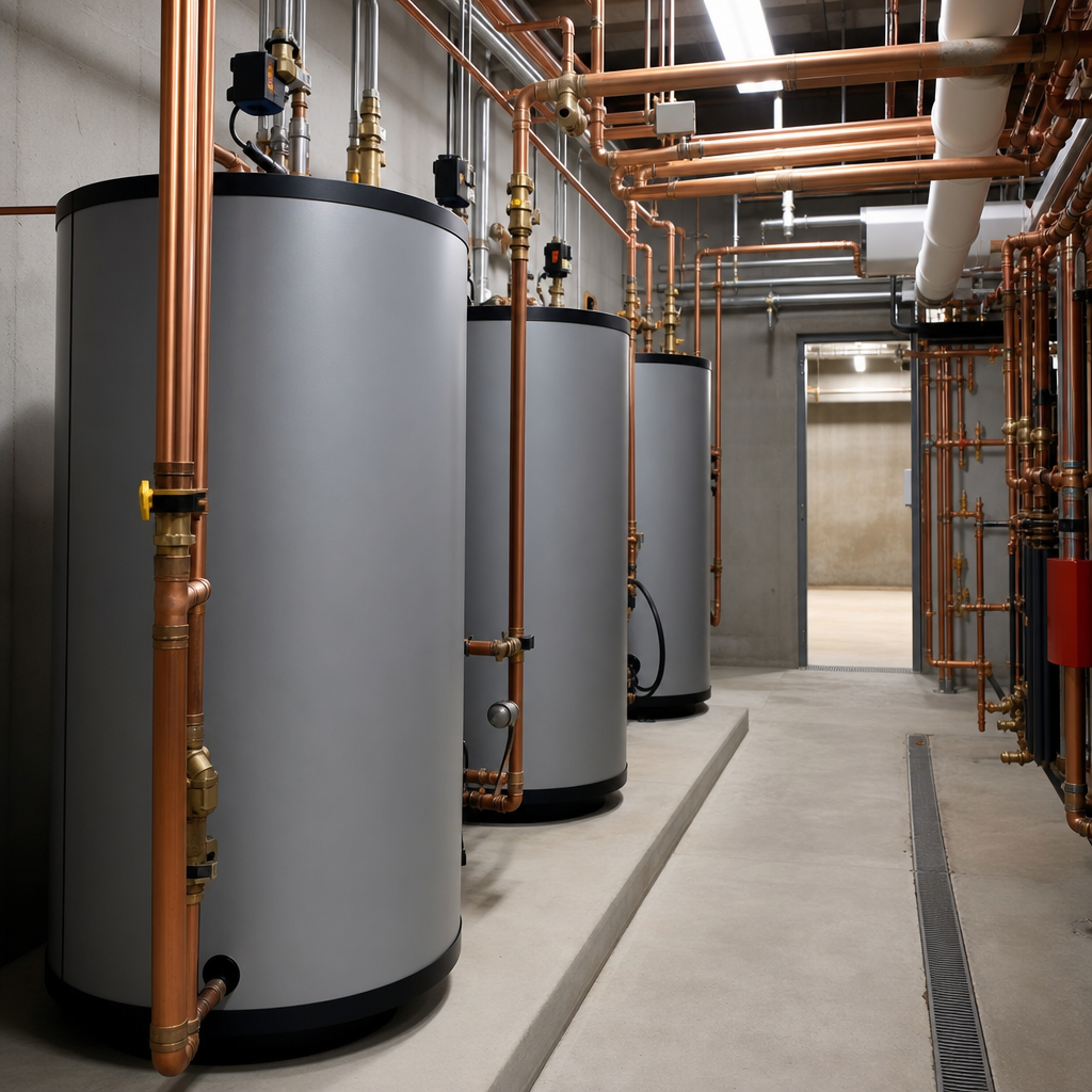 Commercial plumbing system serviced in a mechanical room