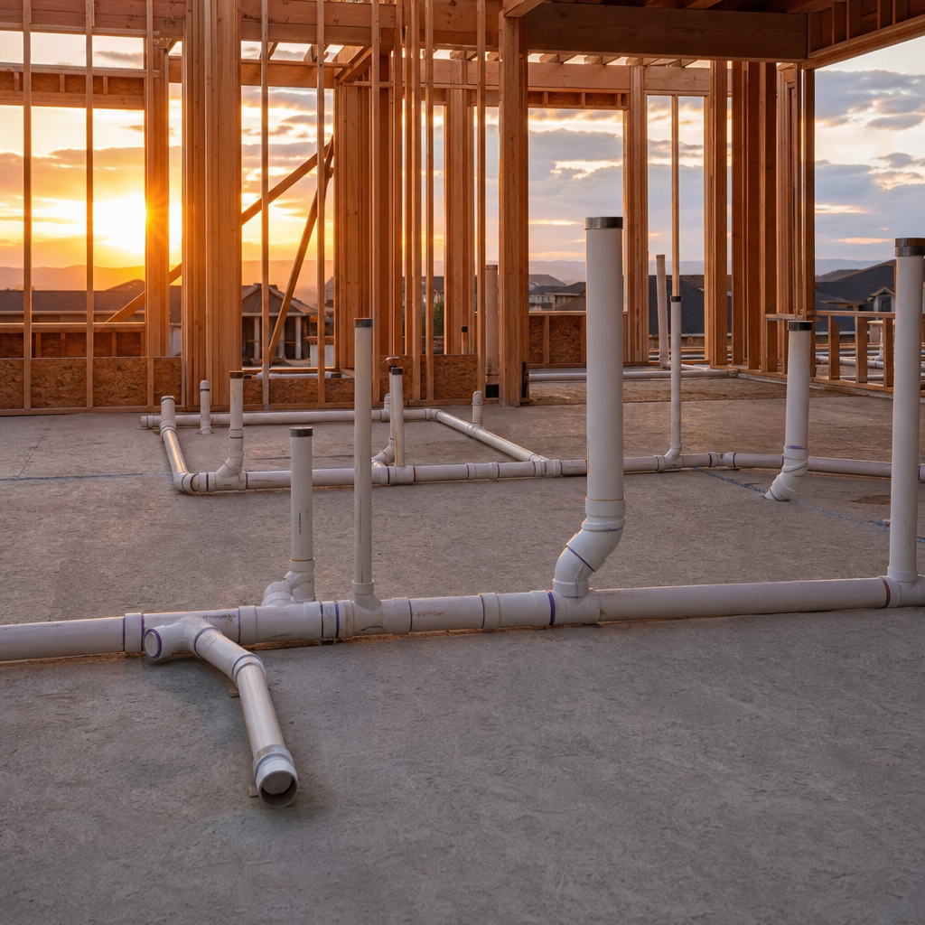 Plumbing supply and drain lines roughed in at a Berthoud construction site at sunset