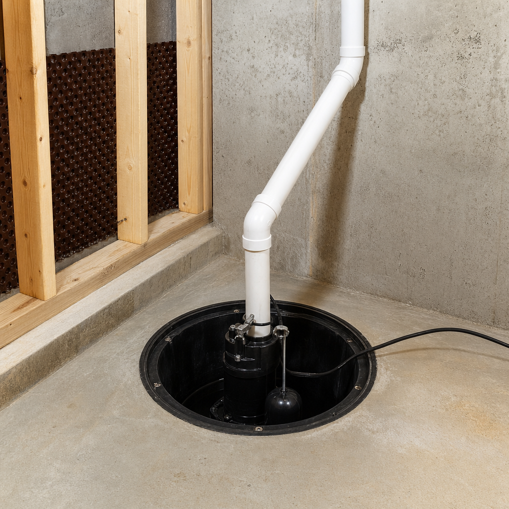 Finished sump pump and drain system in a basement