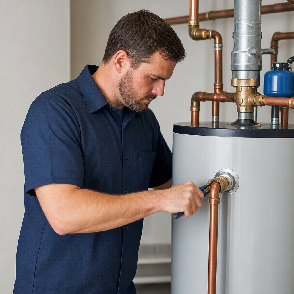 Mayer Plumbing technician servicing a water heater